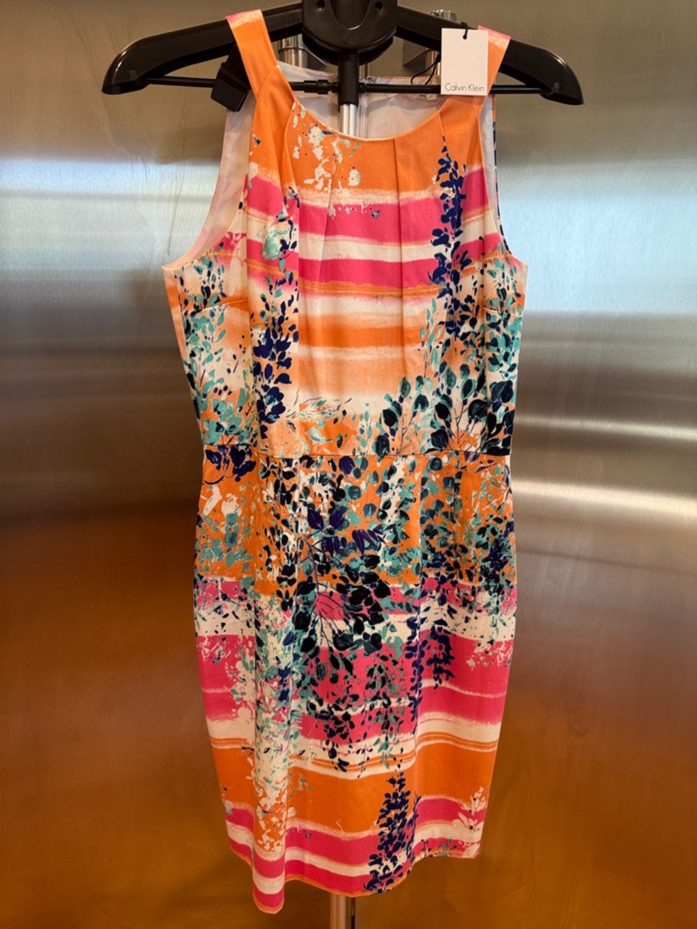 Calvin Klein Orange Pink Floral-Stripe Midi Sheath Dress
